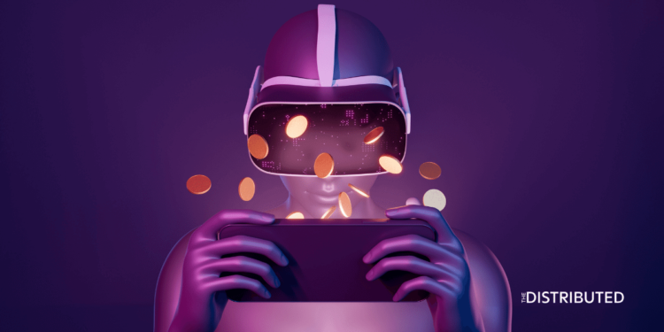 Blockchain gamer playing a play-to-earn game on their phone.