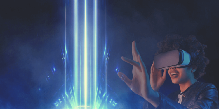 South Korea Metaverse. Person with VR headset enjoying the Metaverse.