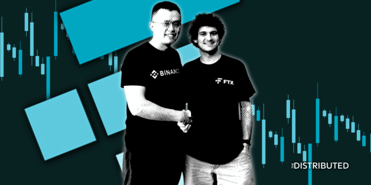 FTT Tanks 71% After Binance's Emergency Acquisition Of FTX. Sam-Bankman-Fried and Changpeng "CZ" Zhao Shaking Hands.