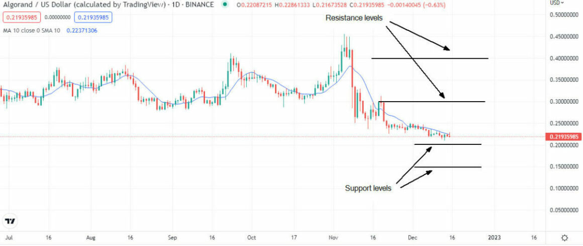 Algorand / US Dollar (calculated by TradingView) Price sourced from Binance.

Resistance levels between 0.4 and 0.3
Support levels between 0.2 and 0.15