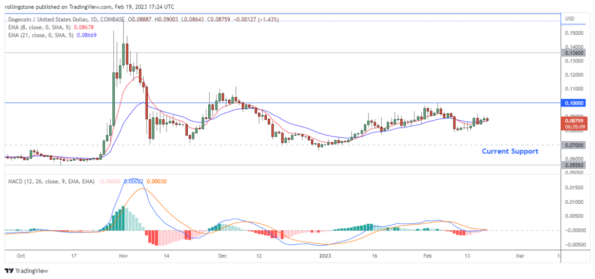 DOGE Technical Analysis on TradingView showing support and resistance indicators.
