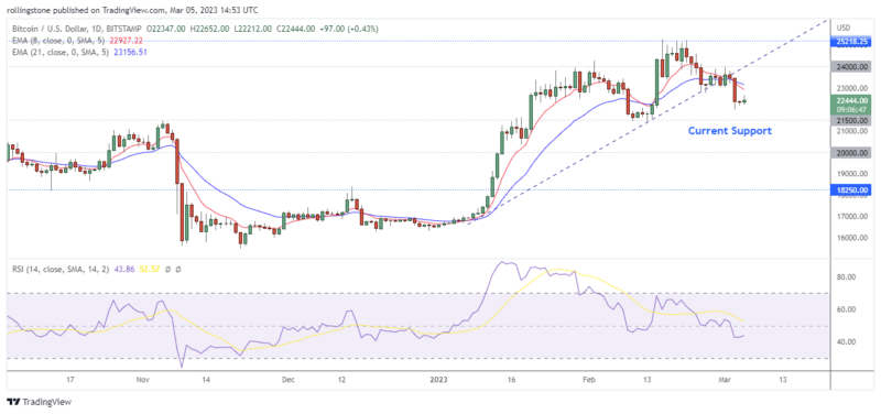 Bitcoin Technical Analysis on TradingView showing support and resistance indicators.
